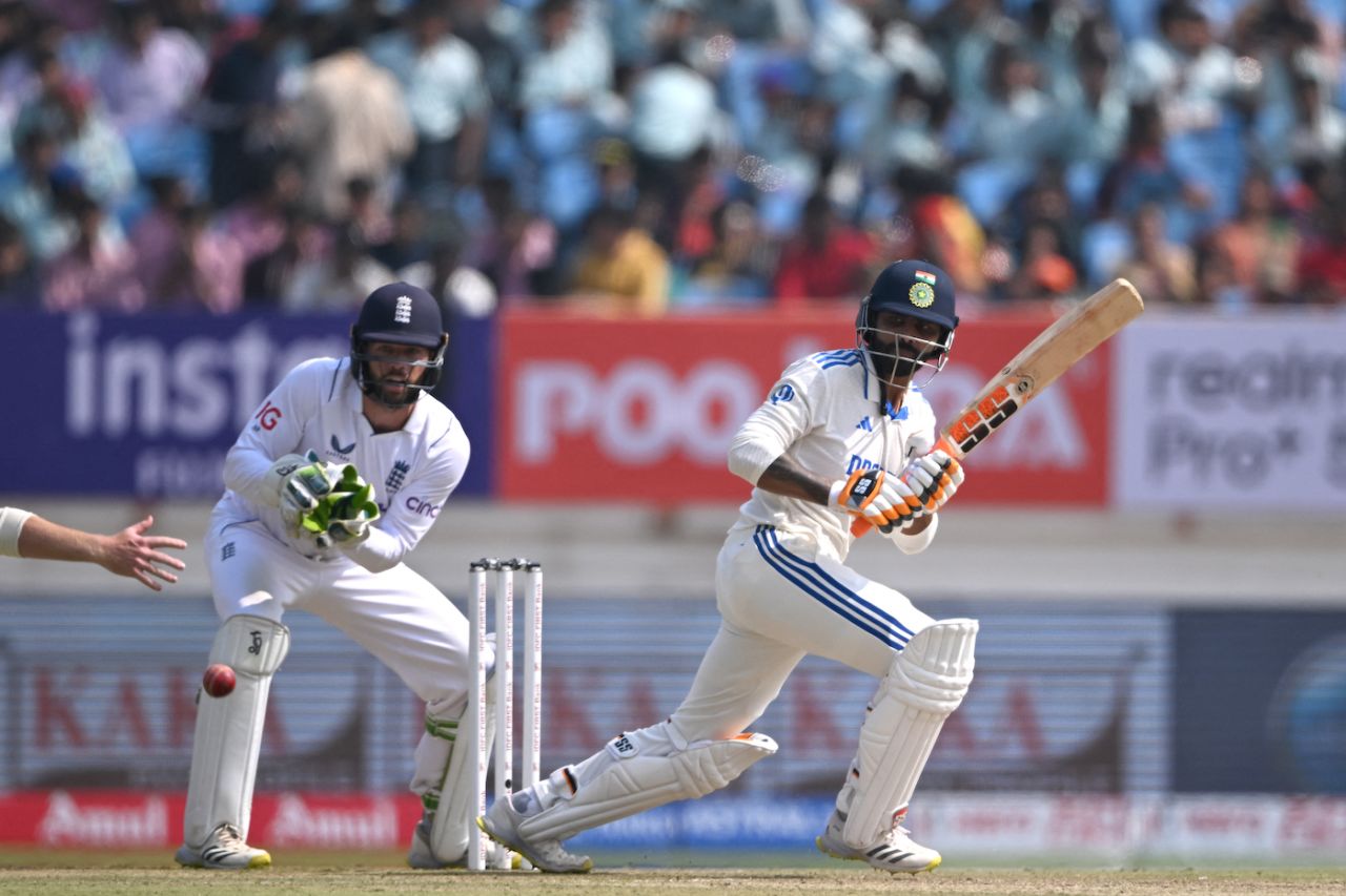 Ravindra Jadeja plays the ball on the leg side, India vs England, 3rd Test, Rajkot, 1st day, February 15, 2024