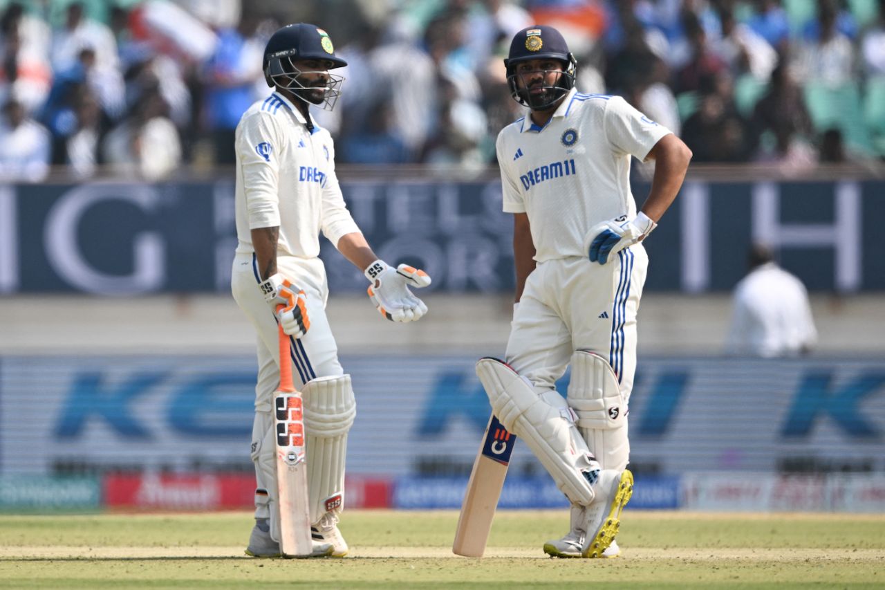 Rohit Sharma and Ravindra Jadeja put on India's first century partnership of the series, India vs England, 3rd Test, Rajkot, 1st day, February 15, 2024