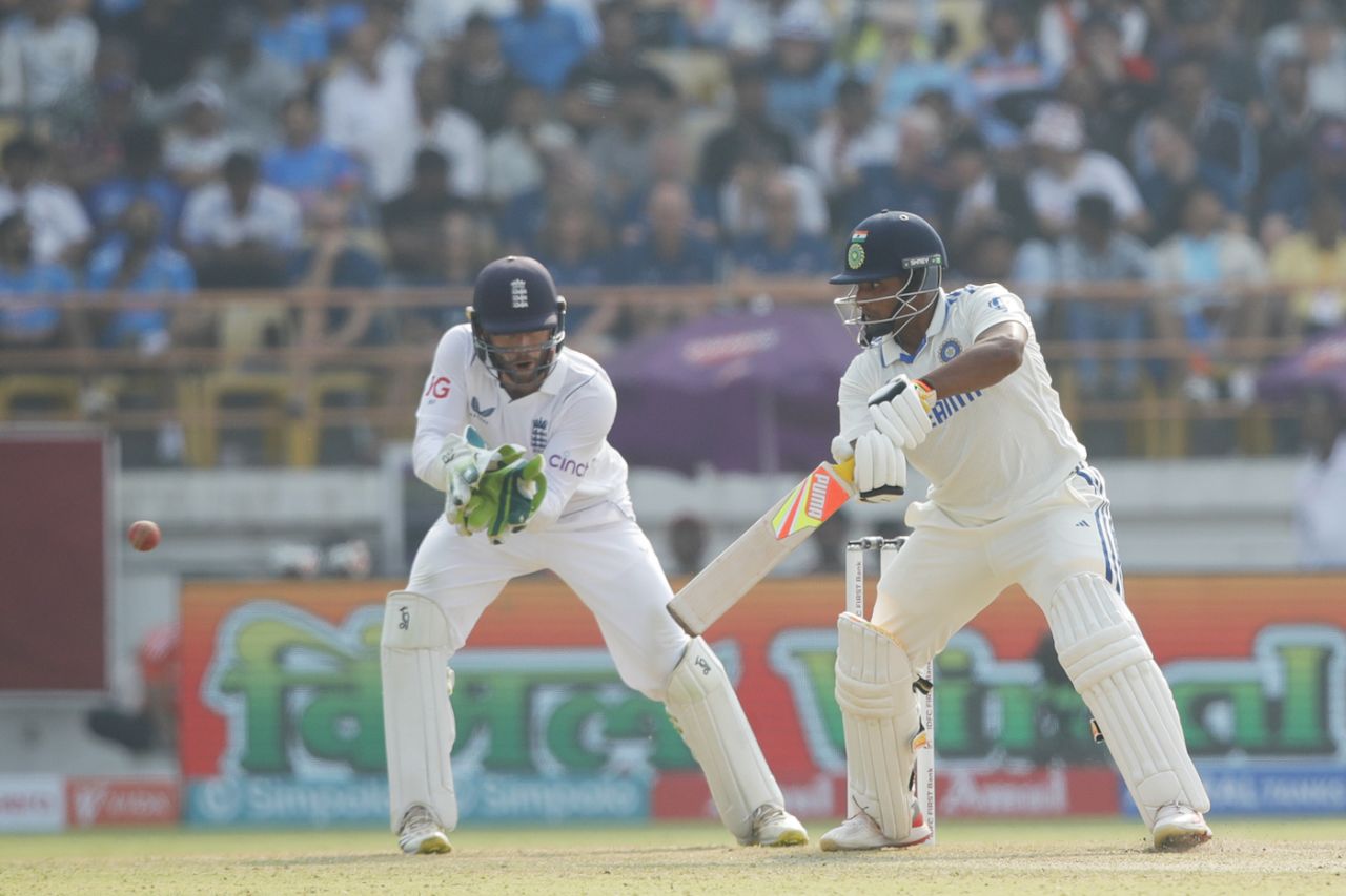 Sarfaraz Khan dabs the ball behind point, 3rd Test, Rajkot, 1st day, February 15, 2024