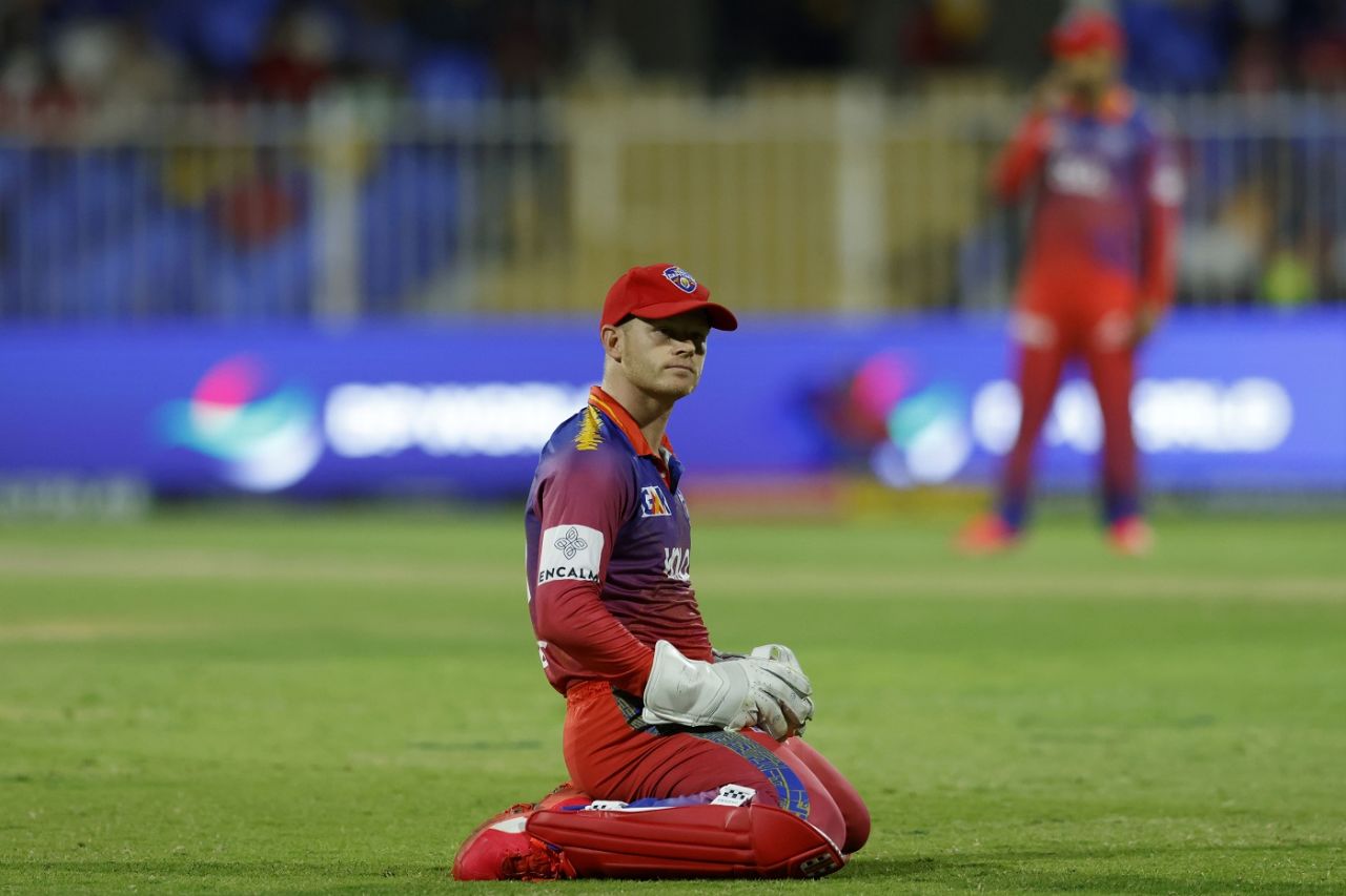 Sam Billings reacts during the second qualifier, Gulf Giants vs Dubai Capitals, ILT20, Qualifier 2, Sharjah, February 15, 2024