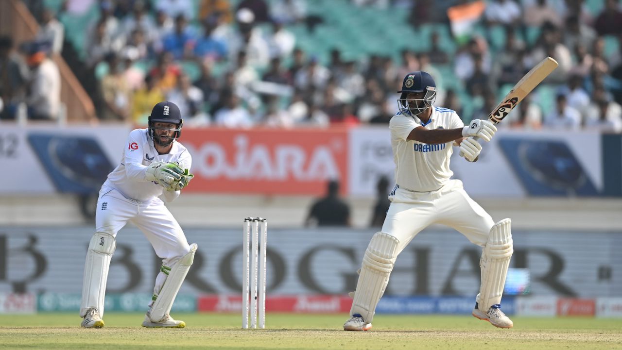 R Ashwin cuts off the back foot, India vs England, 3rd Test, Rajkot, 2nd day, February 16, 2024