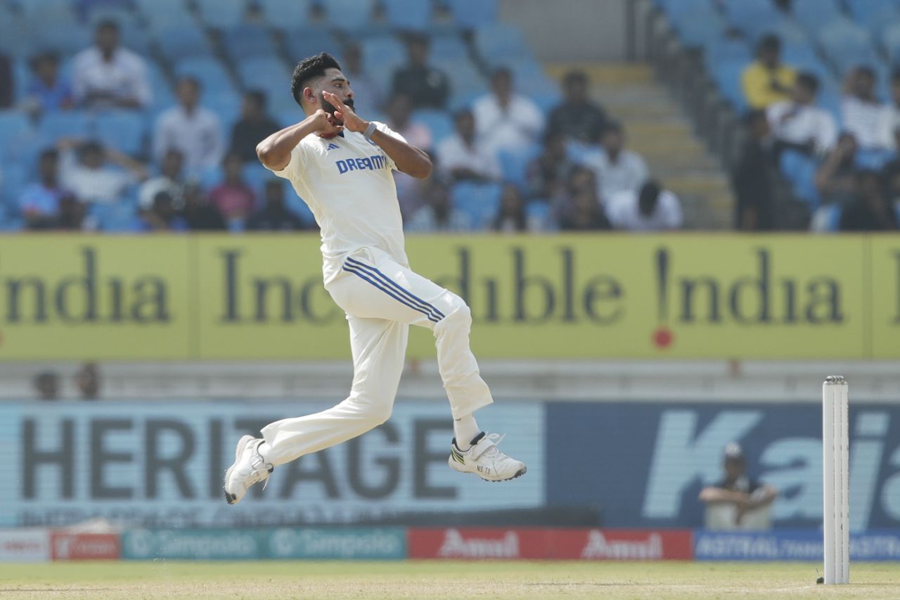 Mohammed Siraj in delivery stride, India vs England, 3rd Test, Rajkot, 2nd day, February 16, 2024