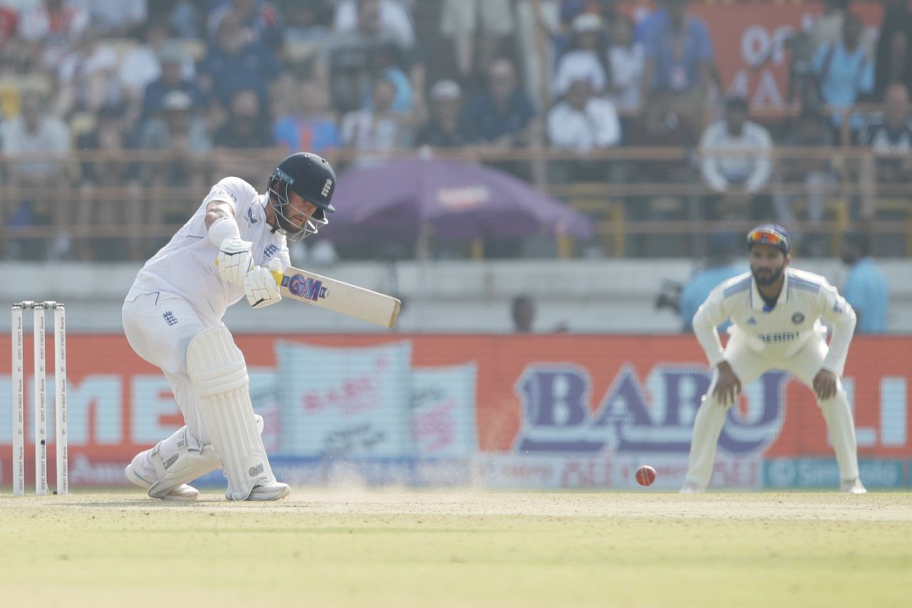 Ben Duckett thumps the ball down the ground, India vs England, 3rd Test, Rajkot, 2nd day, February 16, 2024
