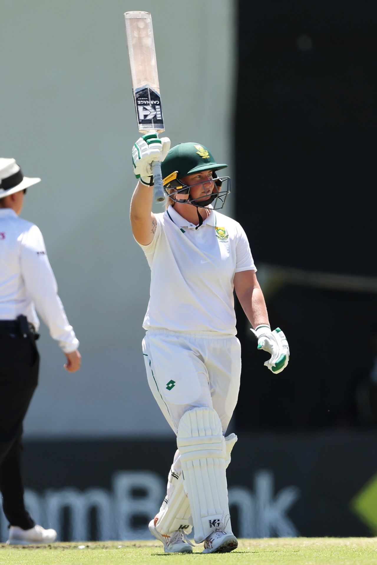 Delmi Tucker raises her bat for her maiden Test half-century, Australia vs South Africa, Only Women's Test, WACA Ground, Perth, February 17, 2024
