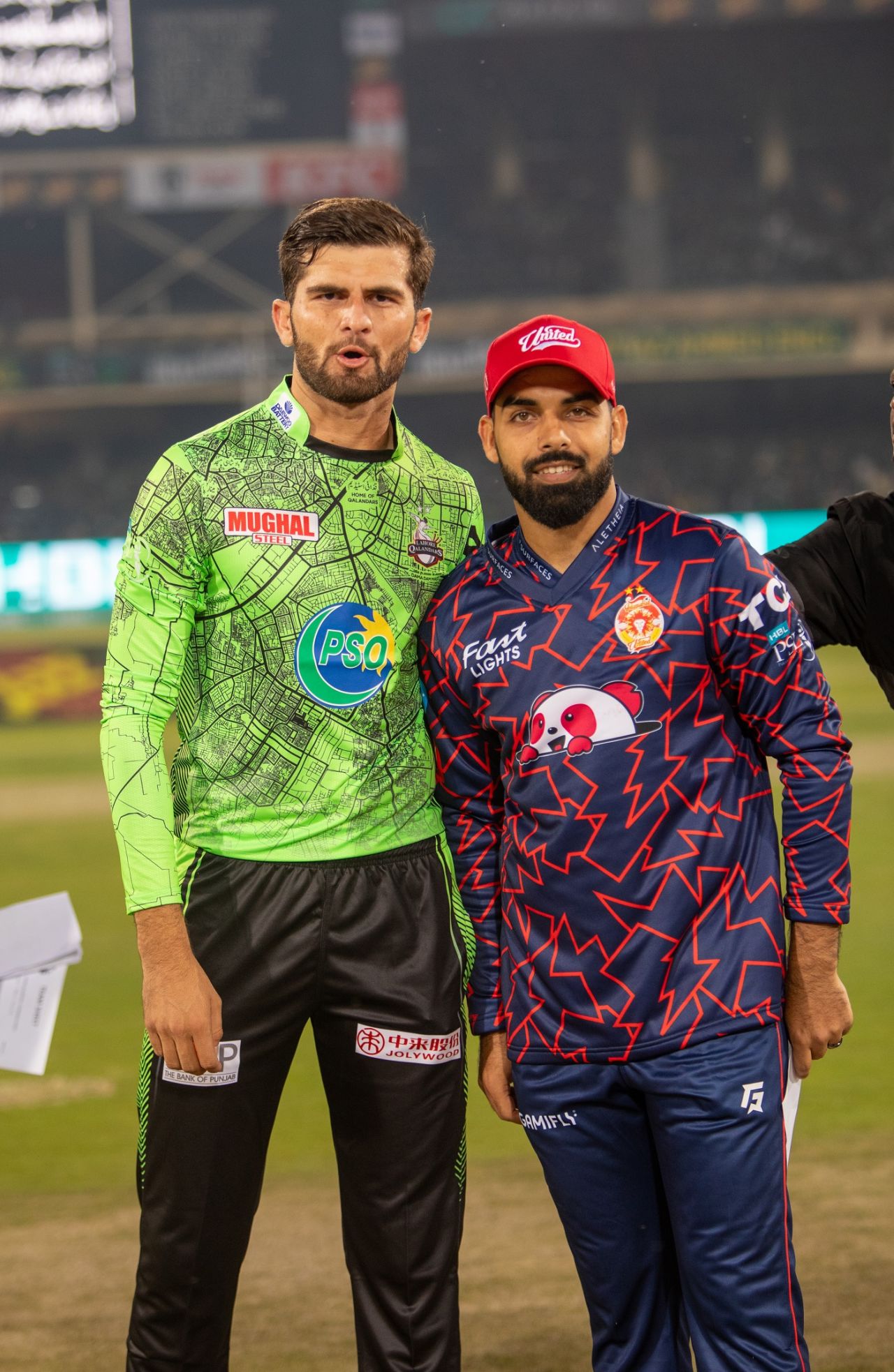 Shaheen Afridi and Shadab Khan pose ahead of the opening toss of PSL 9, Lahore Qalandars vs Islamabad United, PSL 2024, Lahore, February 17, 2024