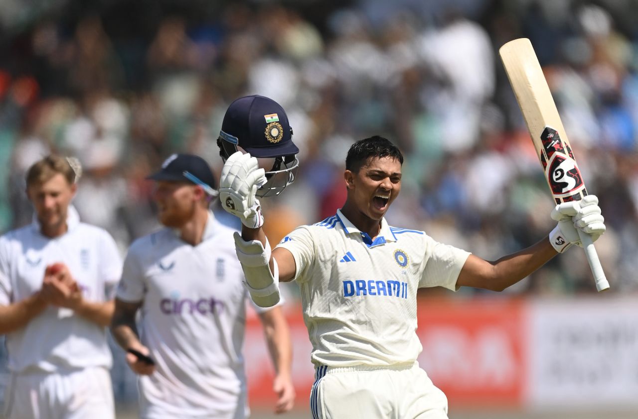 Yashasvi Jaiswal celebrates his second double-century in Test cricket, India vs England, 3rd Test, Rajkot, 4th day, February 18, 2024