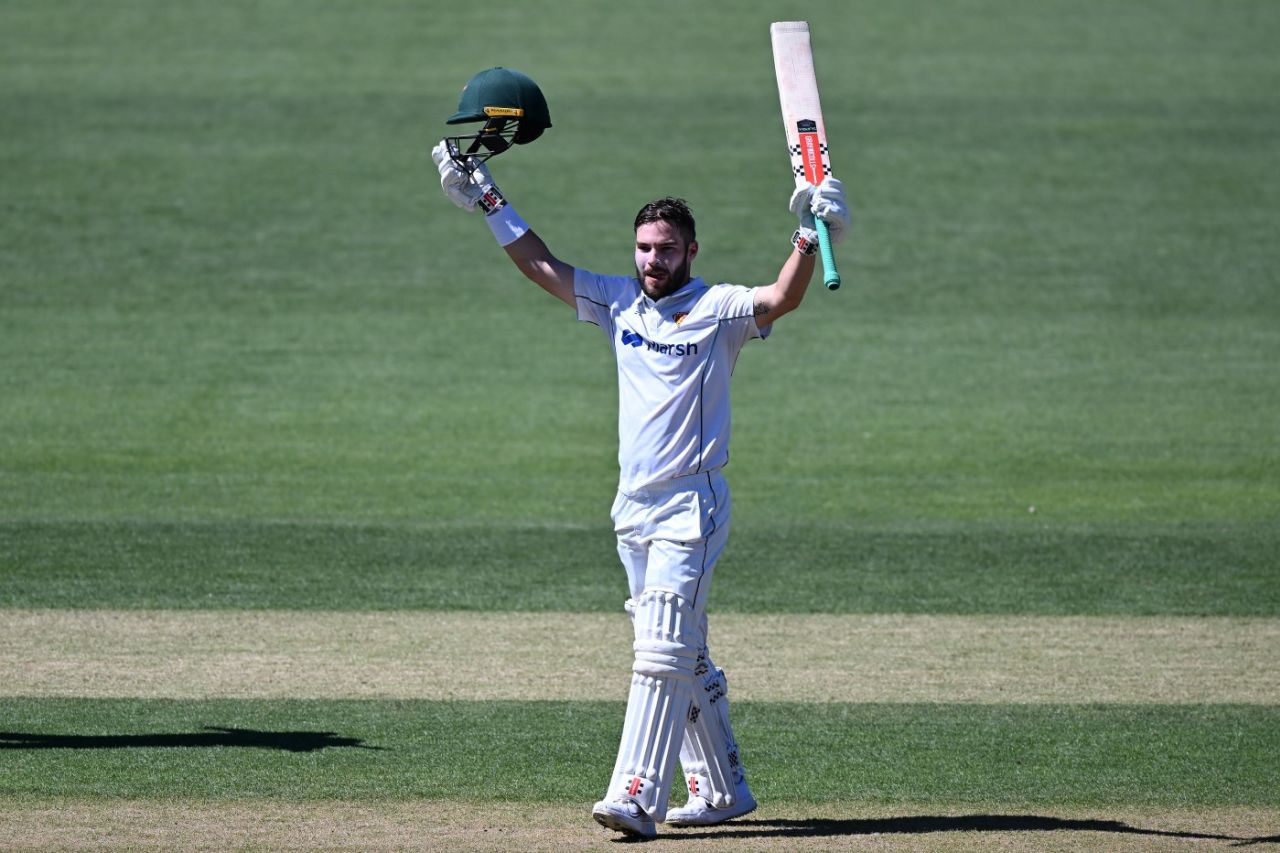 Caleb Jewell celebrates his double century, Tasmania vs Western Australia, Sheffield Shield, Hobart, February 18, 2024