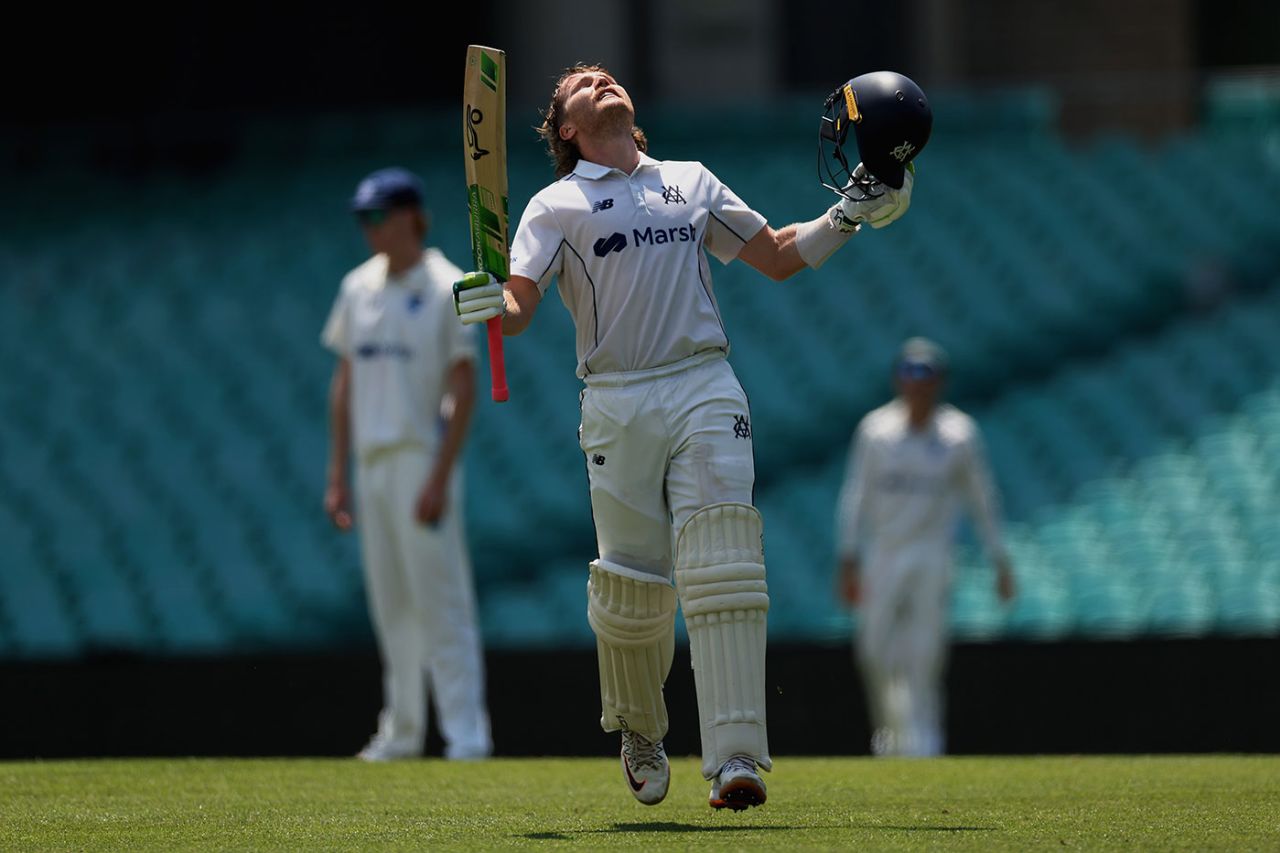 Will Pucovski looks skywards after completing his century, New South Wales vs Victoria, Sheffield Shield, SCG, February 18, 2024