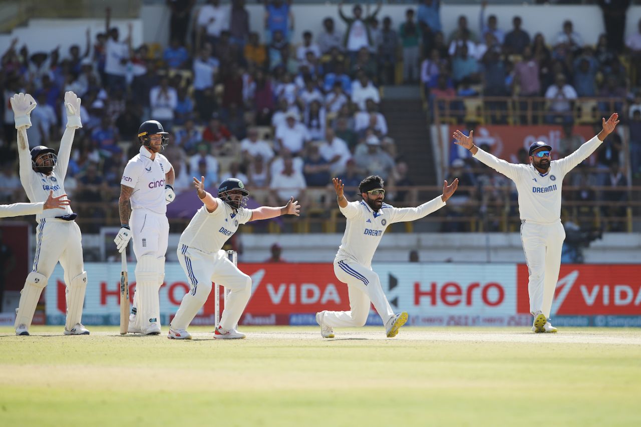 Ravindra Jadeja appeals for an lbw against Ben Stokes, India vs England, 3rd Test, Rajkot, 4th day, February 18, 2024