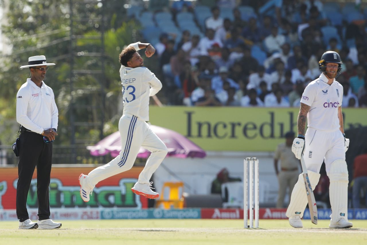 Kuldeep Yadav in delivery stride, India vs England, 3rd Test, Rajkot, 4th day, February 18, 2024