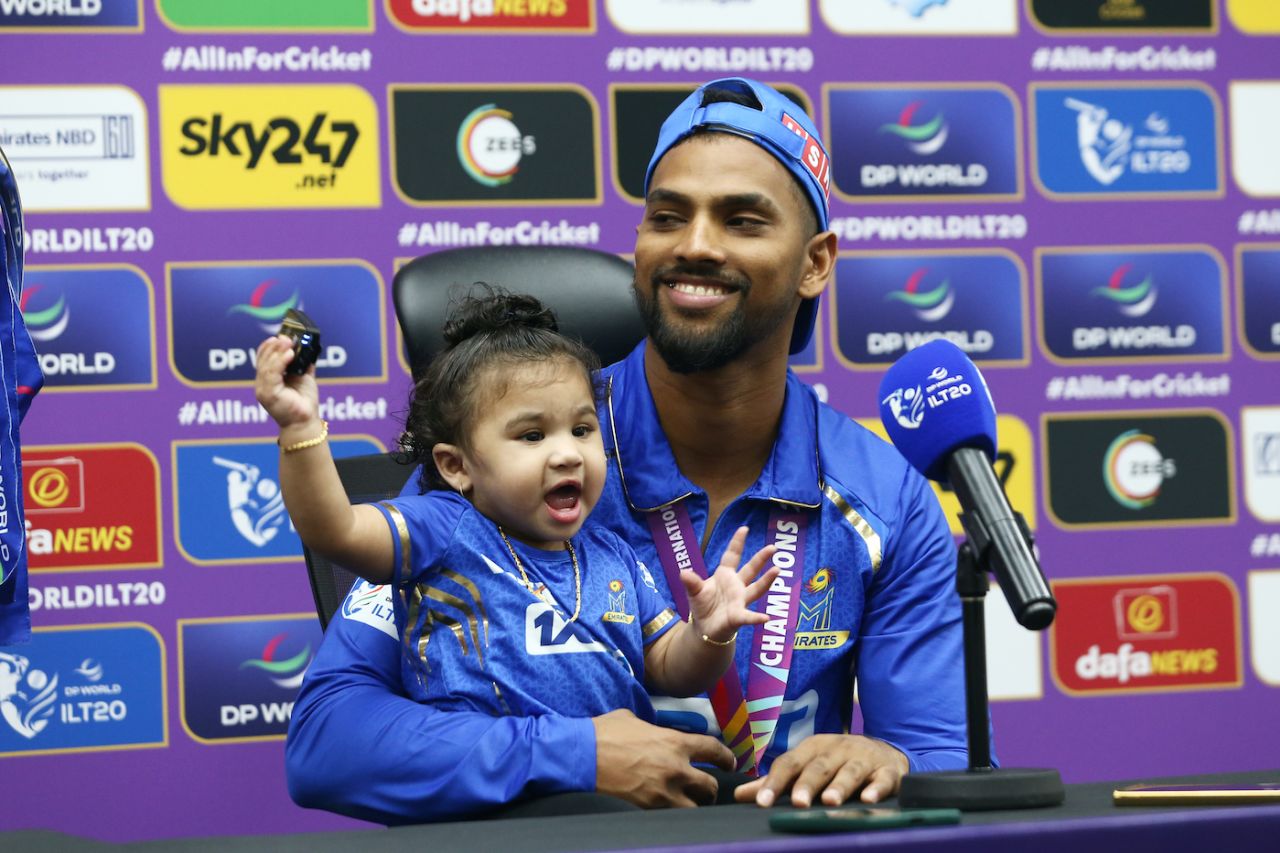 Nicholas Pooran and his daughter enjoy the post-win press conference, MI Emirates vs Dubai Capitals, final, Dubai, ILT20, February 17, 2024