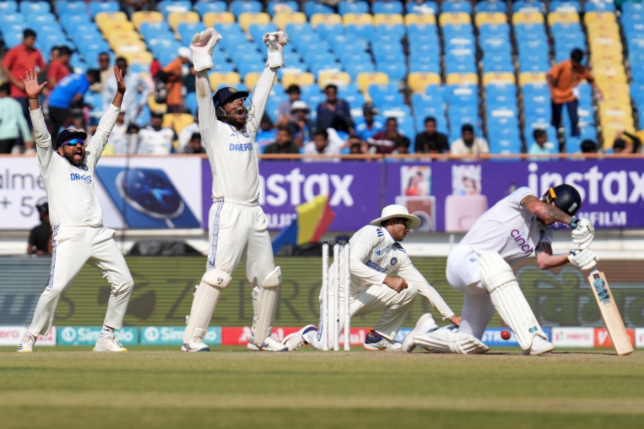 India appeal for the wicket of Ben Stokes, India vs England, 3rd Test, Rajkot, 4th day, February 18, 2024