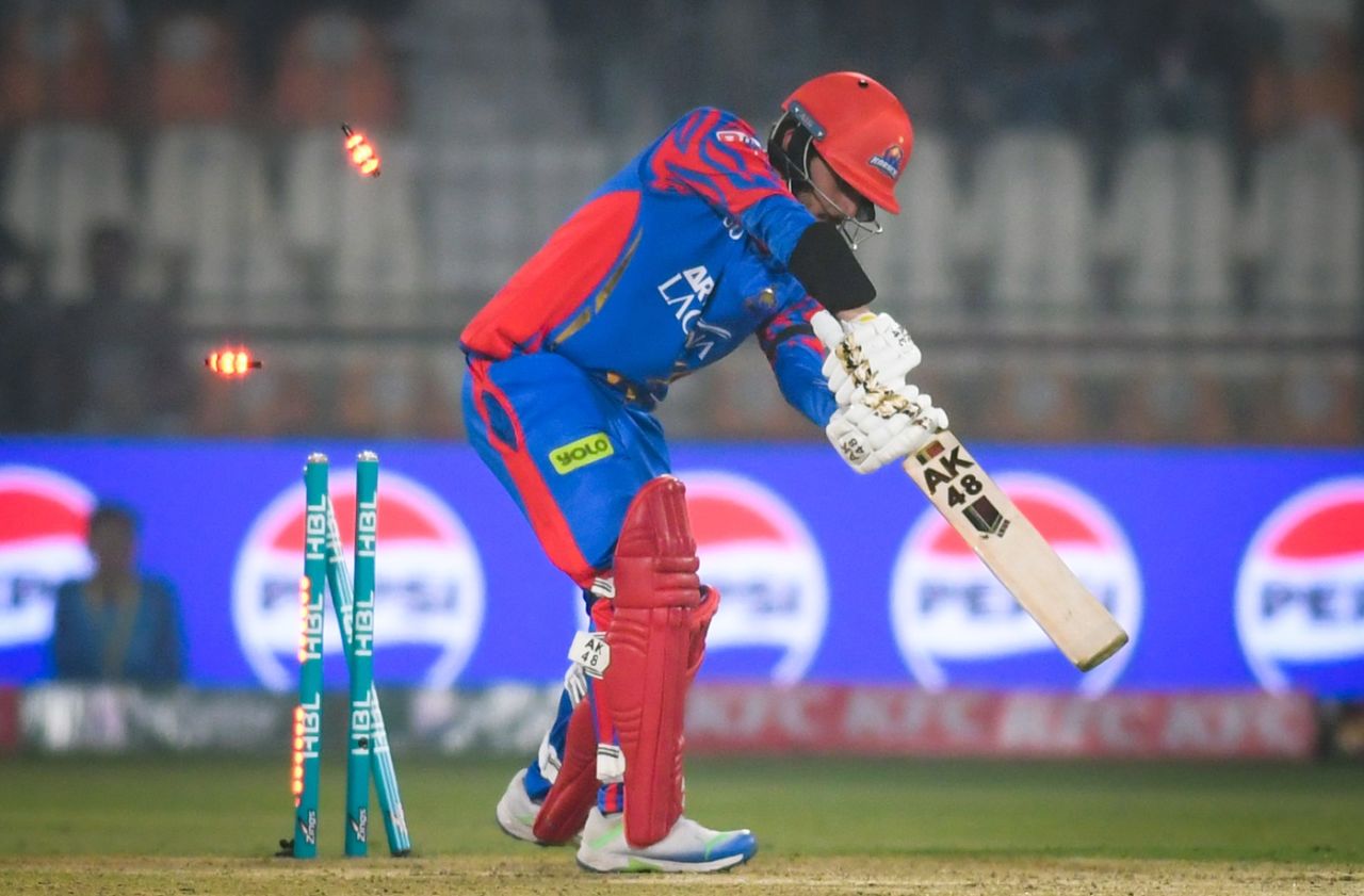 Saad Baig is bowled by David WIlley, Multan Sultans vs Karachi Kings, PSL 2024, Multan, February 18, 2024