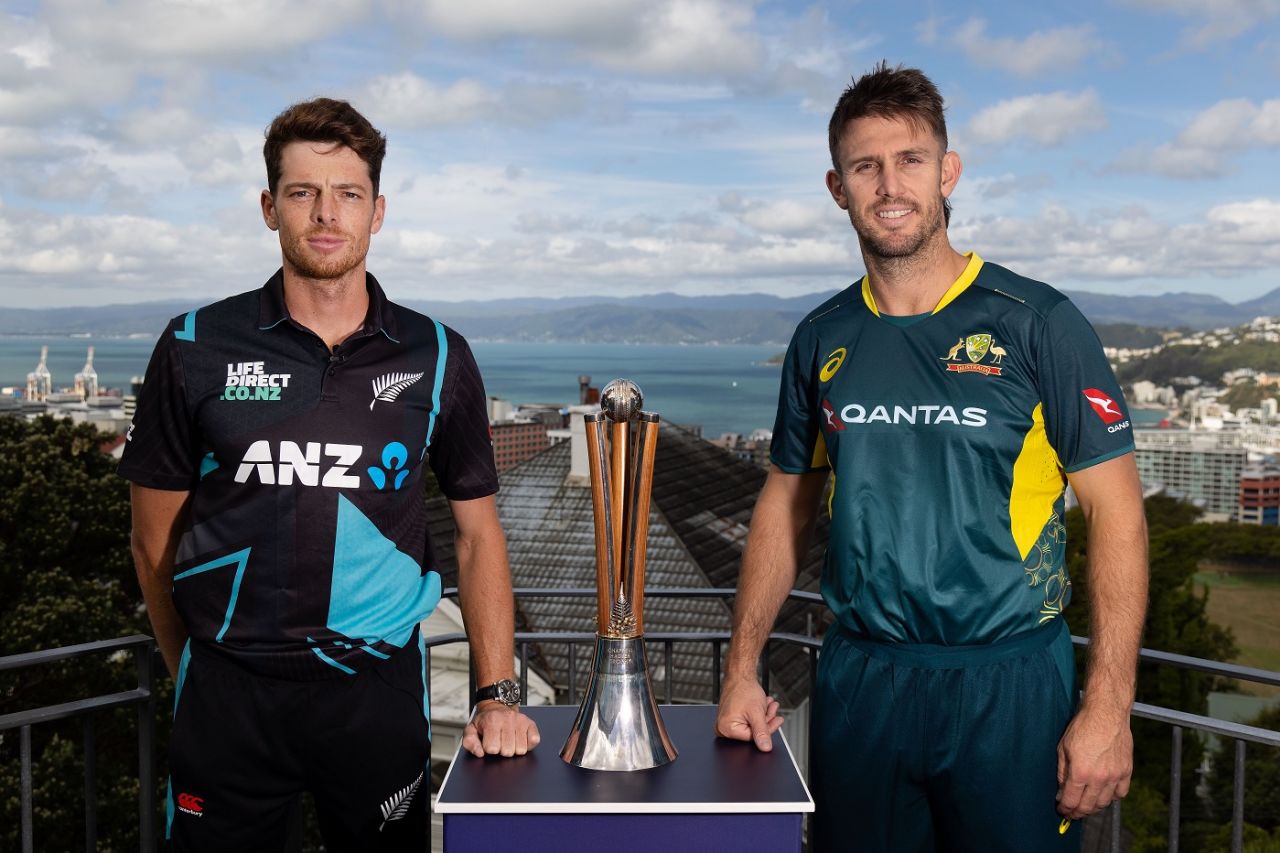 Mitchell Santner and Mitchell Marsh pose with the Chappell-Hadlee trophy, New Zealand vs Australia, Wellington, February 19, 2024 