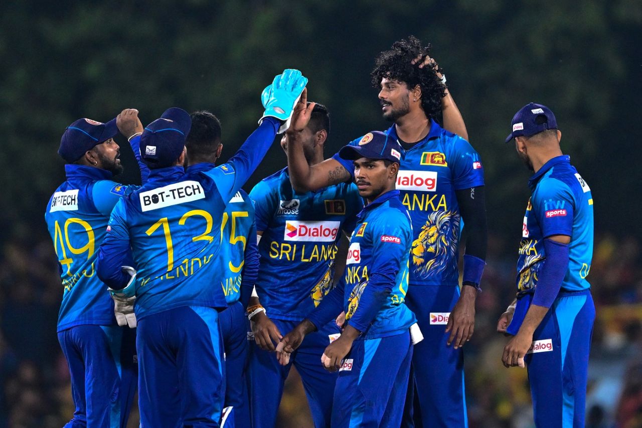Binura Fernando is congratulated by his team-mates, Sri Lanka vs Afghanistan, 2nd T20I, Dambulla, February 19, 2024