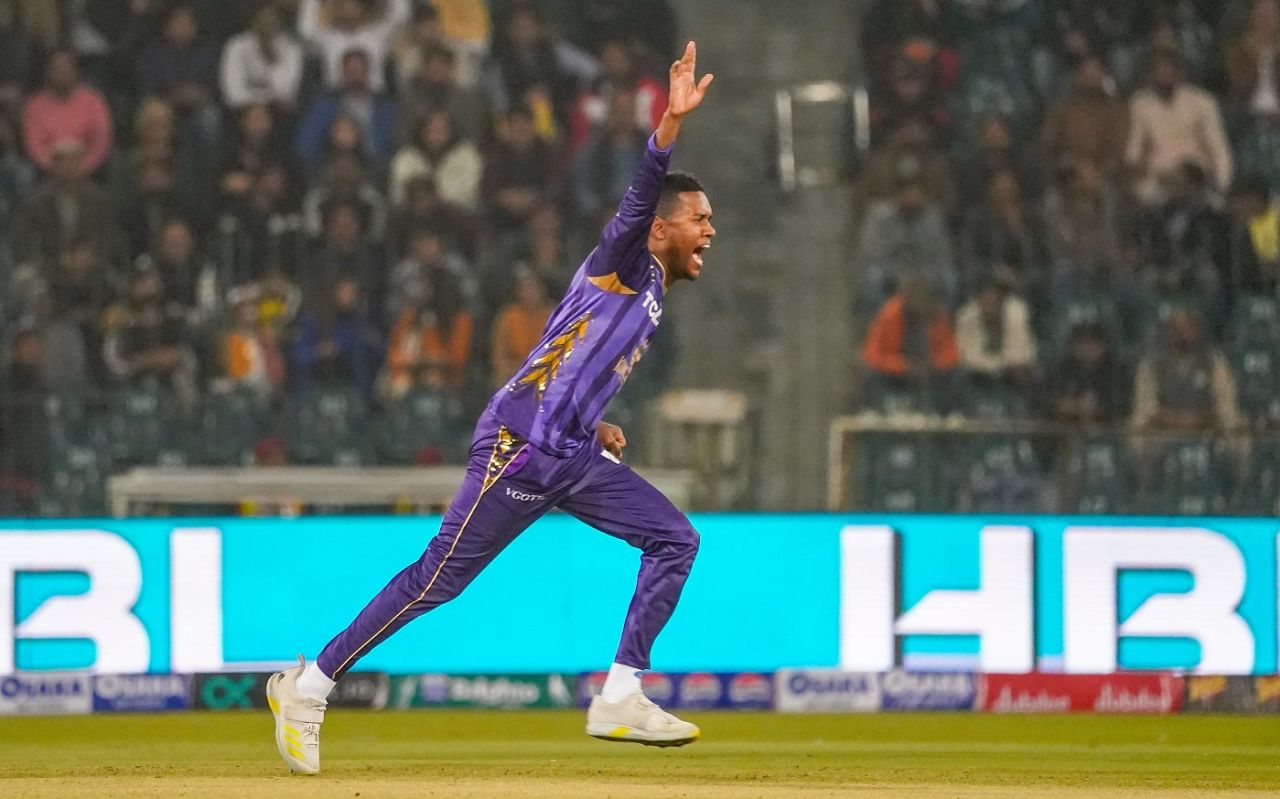 Akeal Hosein wheels away after taking a wicket, Lahore Qalandars vs Quetta Gladiators, PSL 2024, Lahore, February 19, 2024
