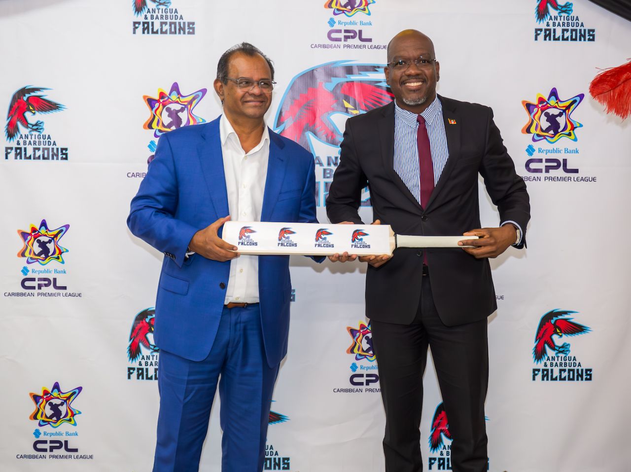 Krishna Persaud (left) at the ceremony to unveil Antigua & Barbuda Falcons, the new CPL franchise for 2024, February 20, 2024