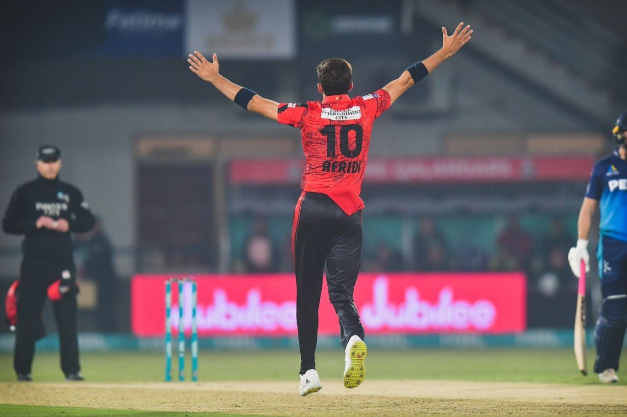 Shaheen Shah Afridi goes up in appeal during his first over, which was a maiden, Multan Sultans vs Lahore Qalandars, Pakistan Super League, Multan, February 21, 2024