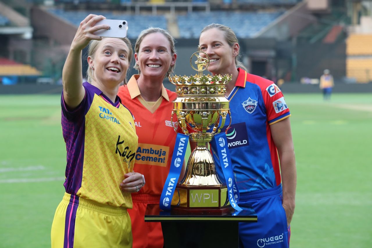 Beth Mooney, Alyssa Healy, Meg Lanning, the three Australian captains, with the trophy, WPL, Bengaluru, February 21, 2024