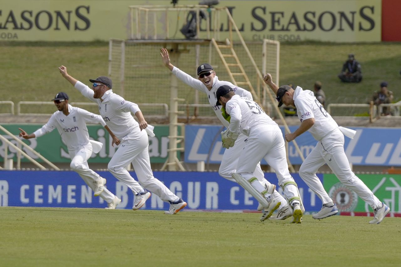 All in unison: Shoaib Bashir, Jonny Bairstow, Zak Crawley, Joe Root and Ben Foakes go up as Rohit Sharma falls, India vs England, 4th Test, Ranchi, 2nd day, February 24, 2024