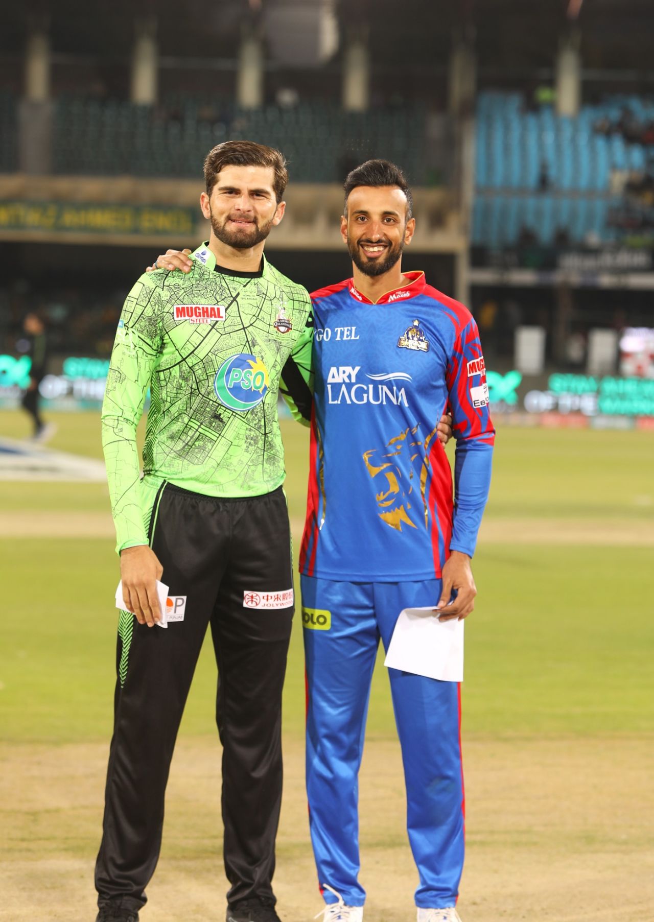 Shaheen Shah Afridi and Shan Masood at the toss, Lahore Qalandars vs Karachi Kings, PSL, Lahore, February 24, 2024
