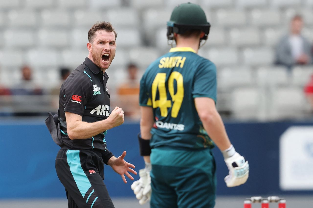 Adam Milne celebrates Steve Smith's wicket, New Zealand vs Australia, 3rd T20I, Auckland, February 25, 2024