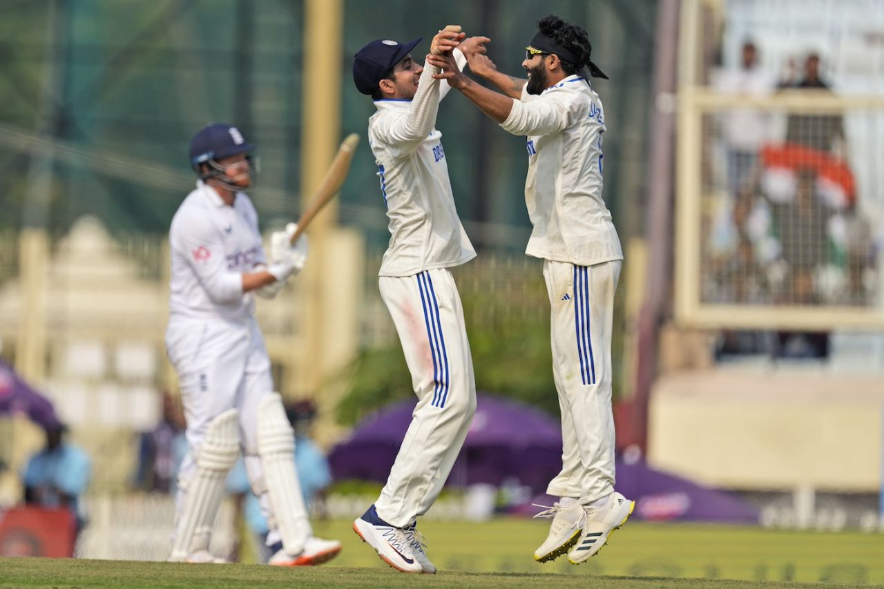 Shubman Gill joins the celebrations with Ravindra Jadeja after Jonny Bairstow's wicket, India vs England, 4th Test, Ranchi, 3rd day, February 25, 2024