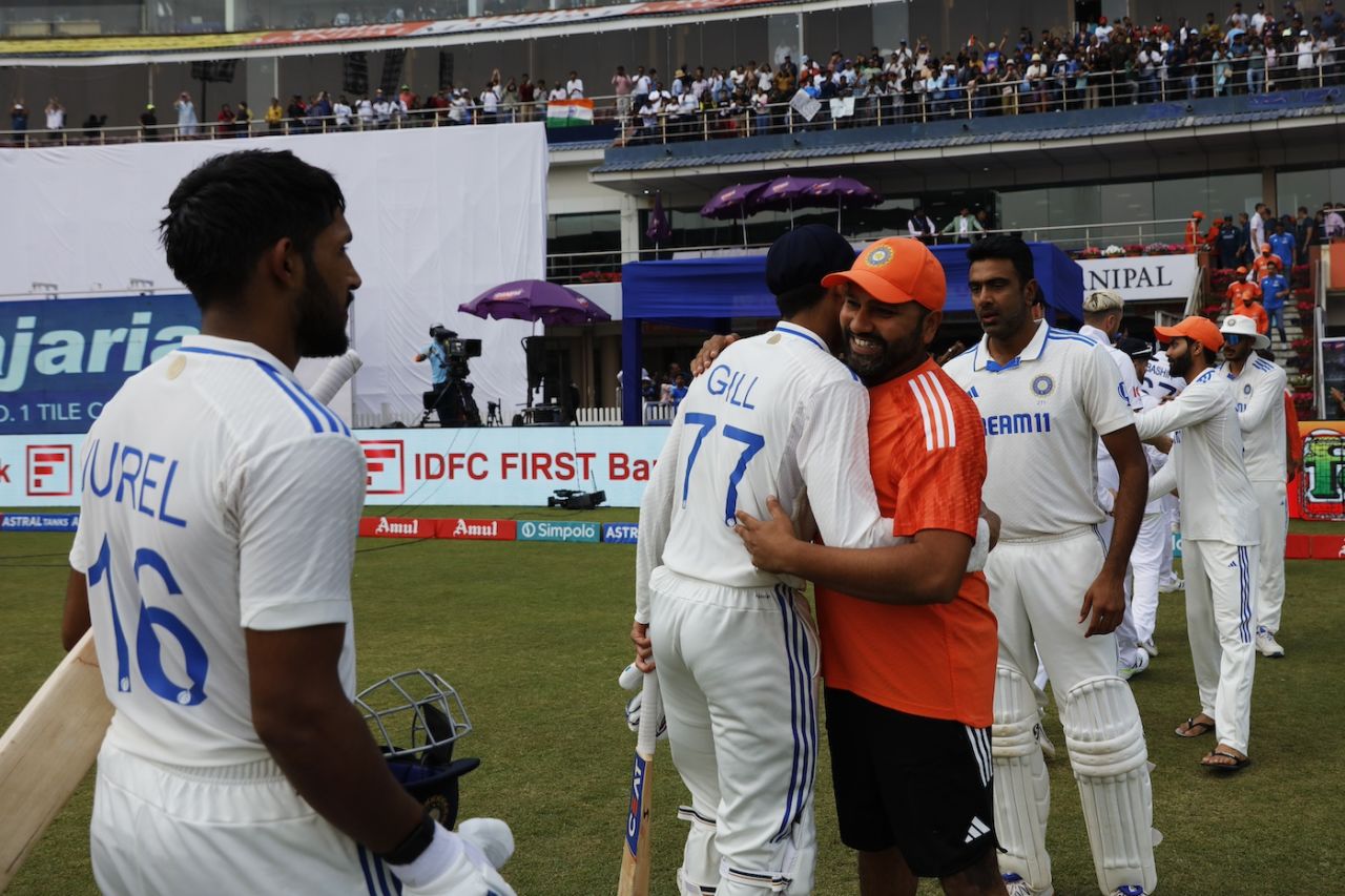Rohit Sharma greets his match-winners, Shubman Gill and Dhruv Jurel, India vs England, 4th Test, Ranchi, 4th day, February 26, 2024