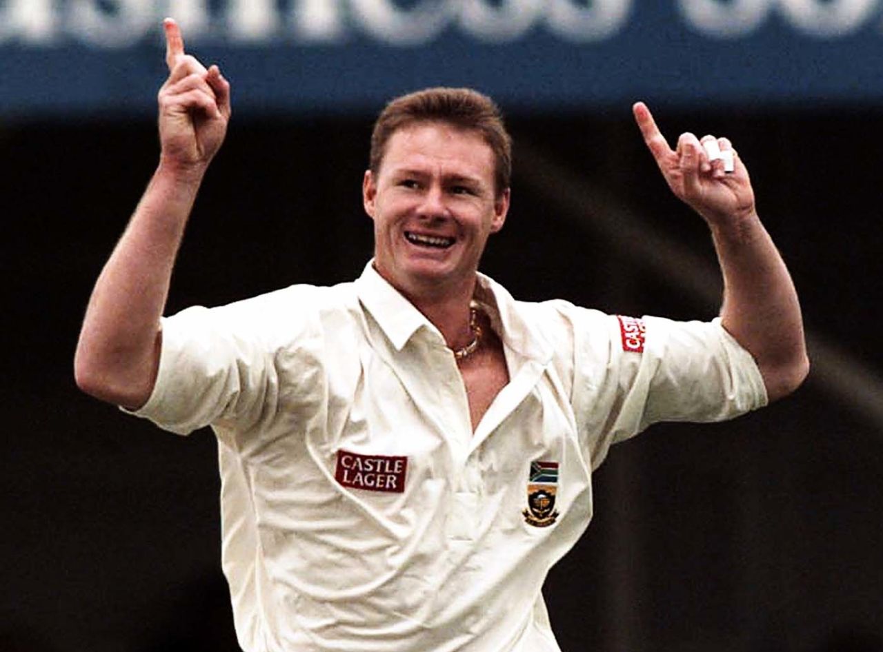Lance Klusener celebrates the wicket of Alec Stewart, England v South Africa, 1st Test, Edgbaston, 2nd day, June 5, 1998