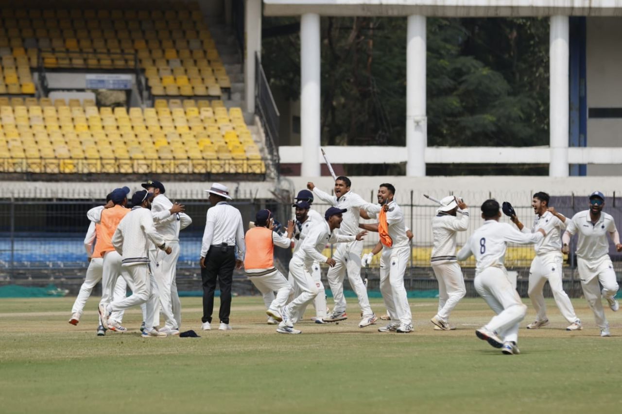 The Madhya Pradesh player break into wild celebrations after their thrilling win, Madhya Pradesh vs Andhra, Ranji Trophy 2024, 4th quarter-final, Indore, 4th day, February 26, 2024