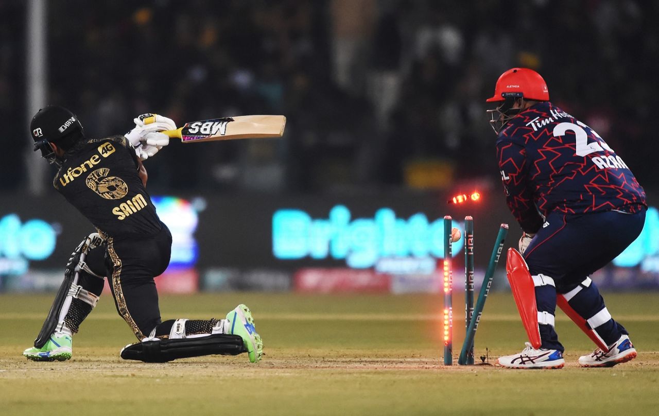 Saim Ayub was bowled for 38 off 21 balls, Islamabad United vs Peshawar Zalmi, PSL 2024, Lahore, February 26, 2024