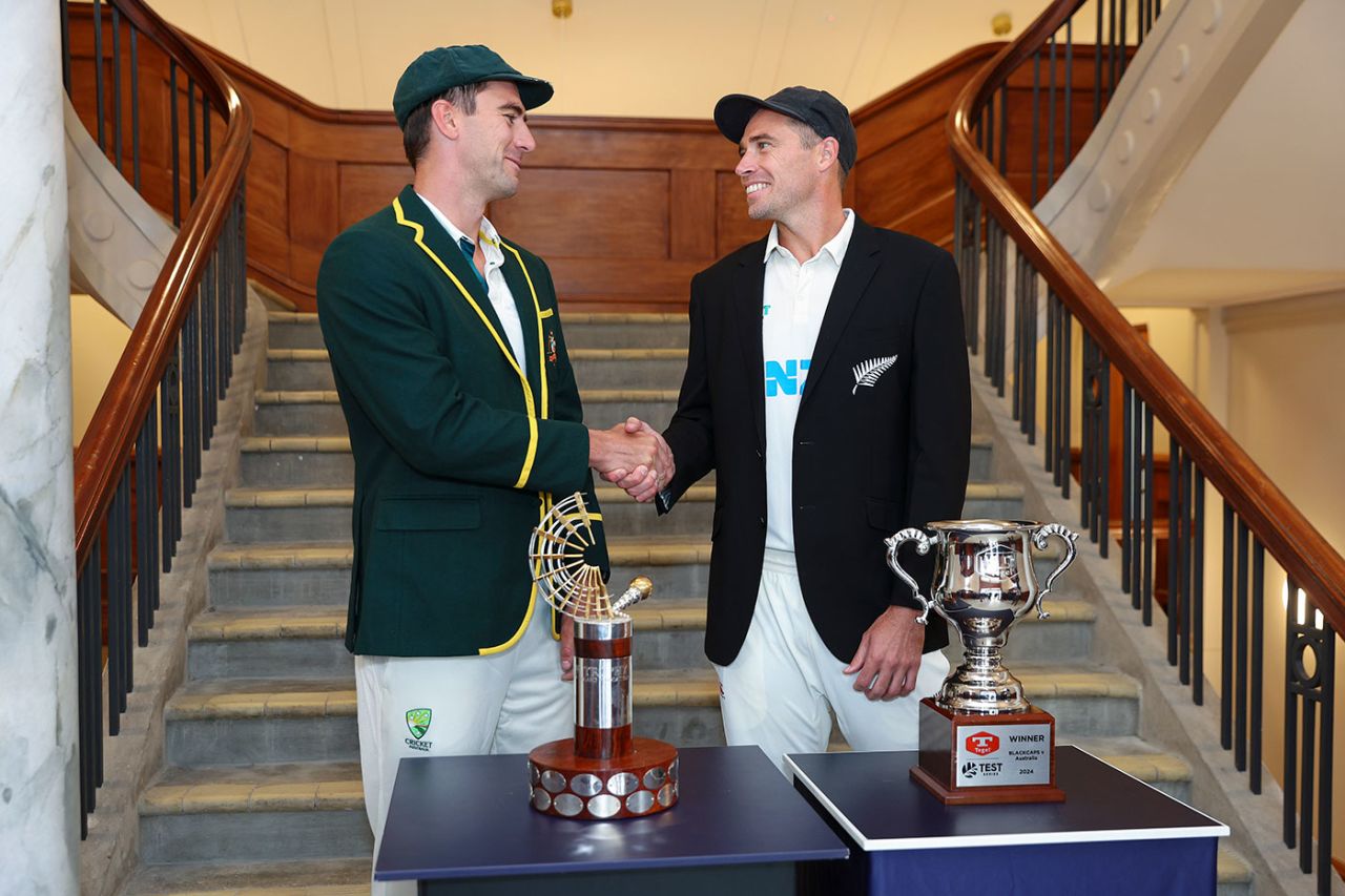 Pat Cummins and Tim Southee with Trans-Tasman and series trophy, Wellington, February 28, 2024