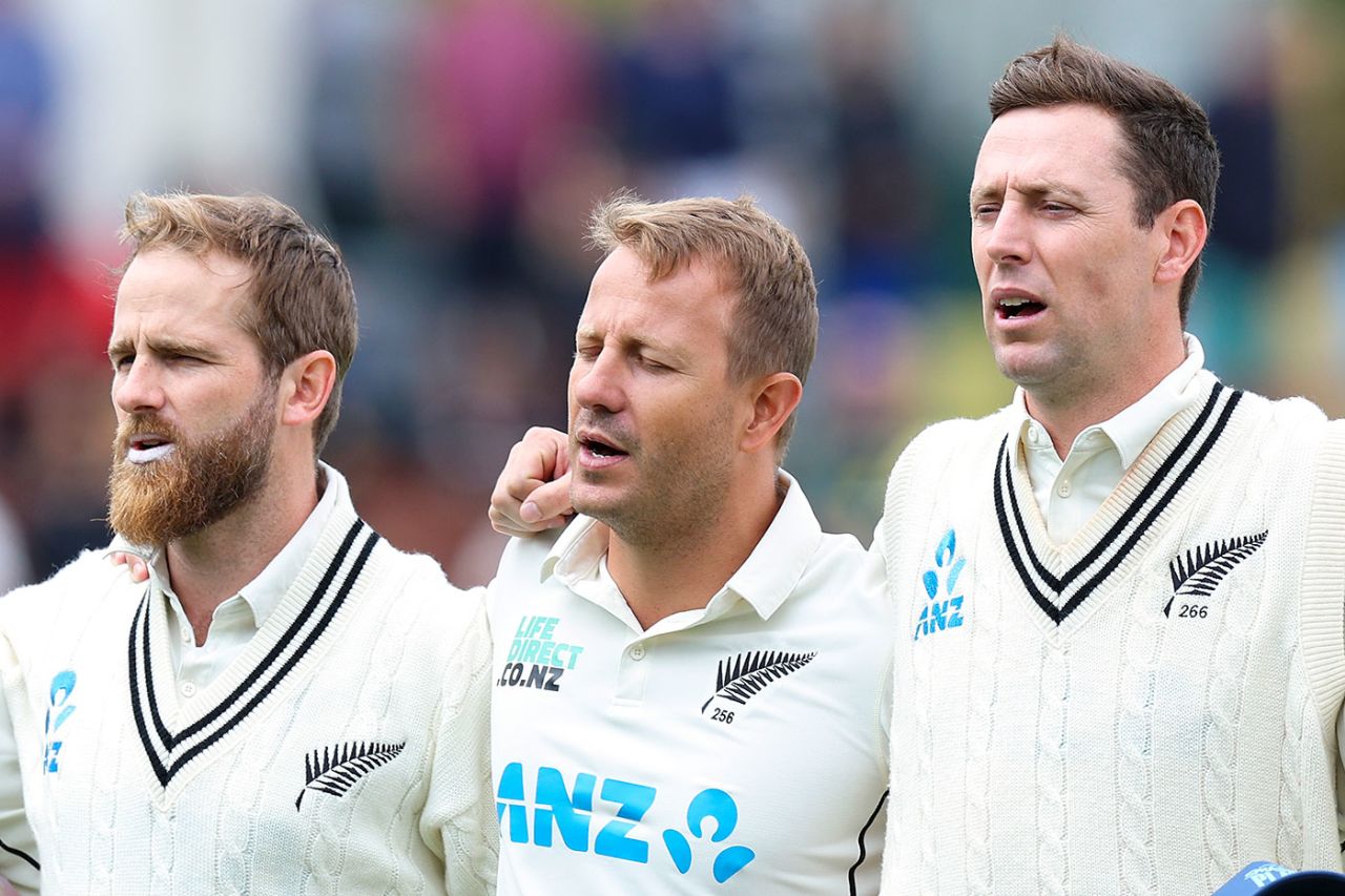 Neil Wagner during the national anthem following his Test retirement, New Zealand vs Australia, 1st Test, Wellington, February 29, 2024