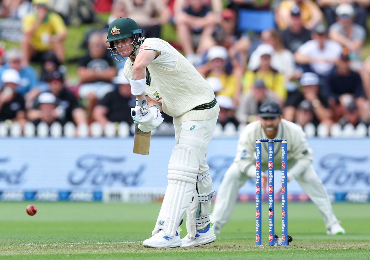 Steven Smith faces up early on, New Zealand vs Australia, 1st Test, Wellington, February 29, 2024