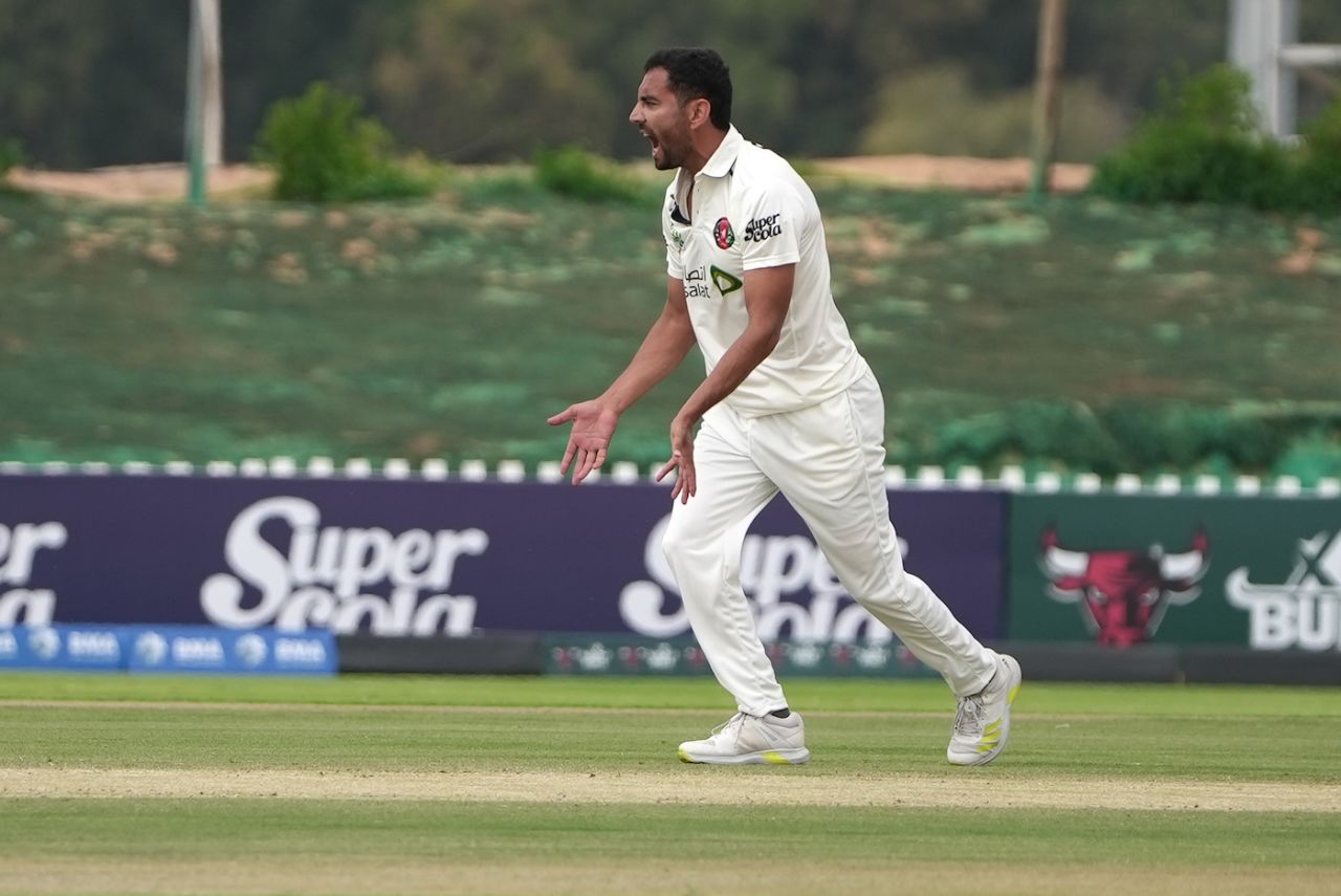 Nijat Masood appeals for a wicket, Afghanistan vs Ireland, Only Test, Tolerance Oval, Abu Dhabi, 1st day, February 28, 2024