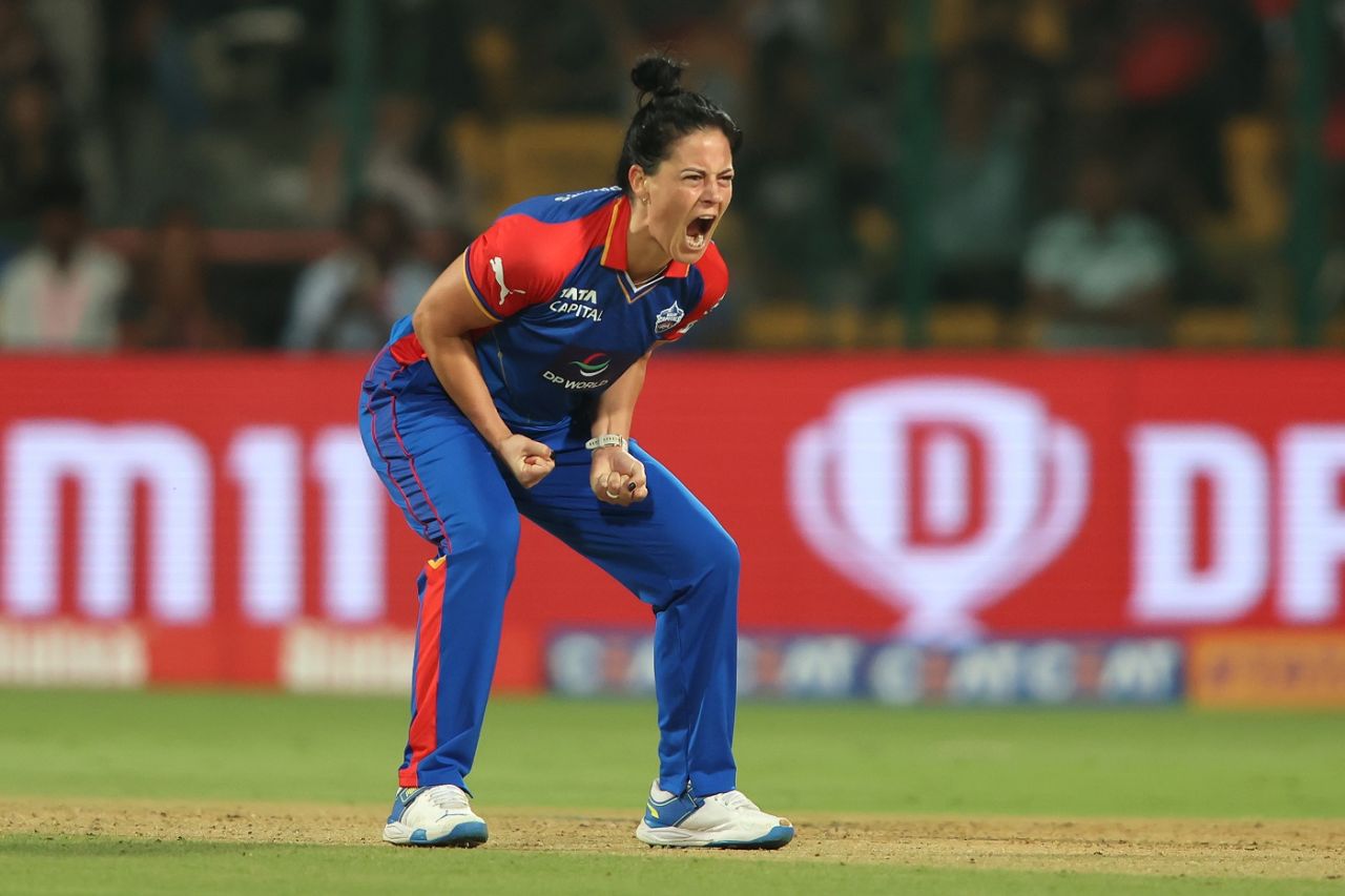 Marizanne Kapp is pumped up after getting rid of Smriti Mandhana, Royal Challengers Bangalore vs Delhi Capitals, WPL 2024, Bengaluru, February 29, 2024