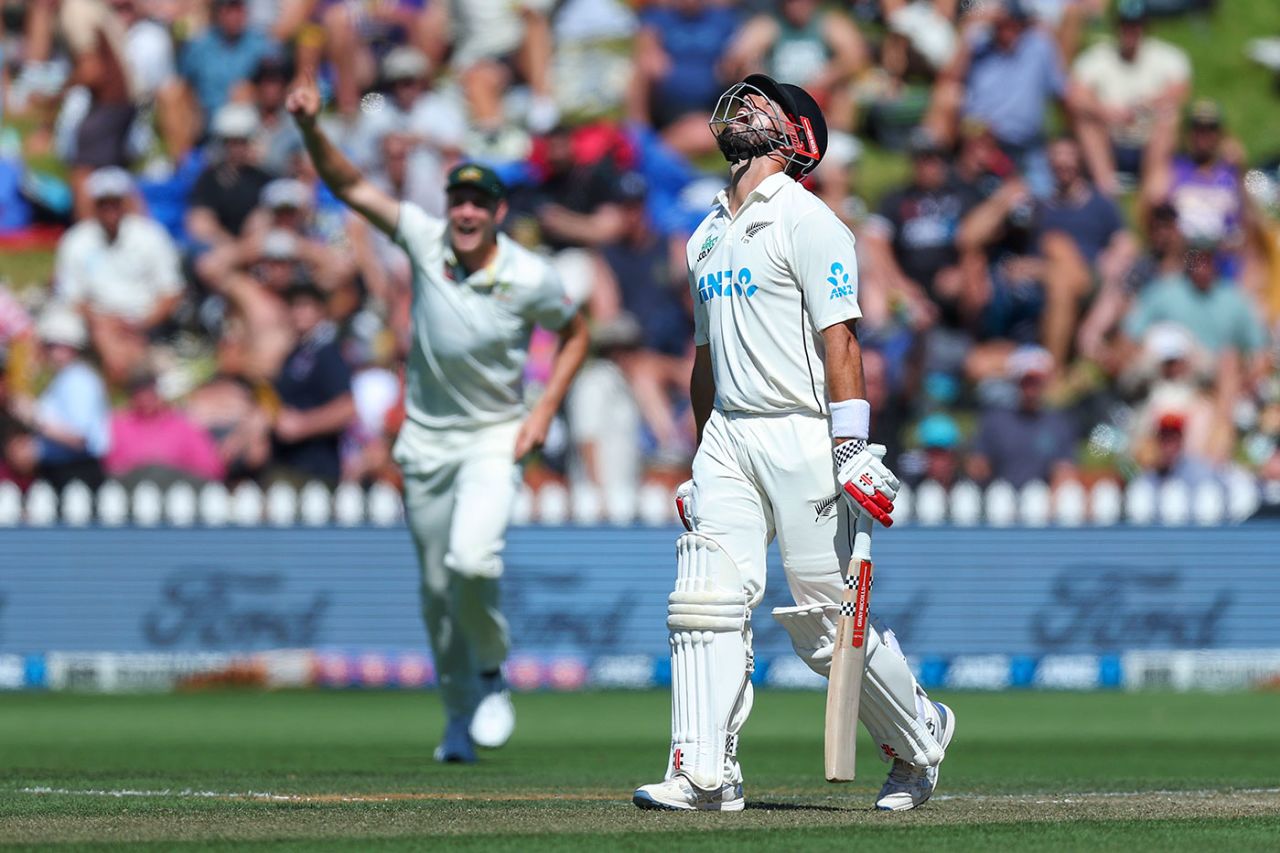 Daryl Mitchell throws his head back after being dismissed, New Zealand vs Australia, 1st Test, 2nd day, Wellington, March 1, 2024