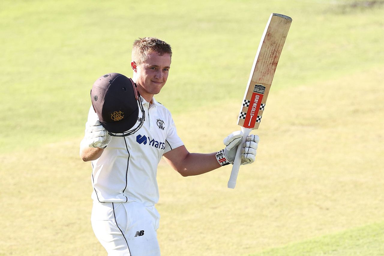 Jayden Goodwin celebrates his maiden first-class hundred, Western Australia vs Queensland, Sheffield Shield, WACA, March 1, 2024