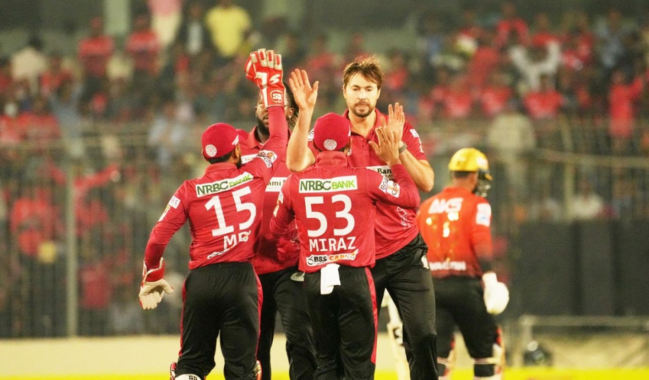 James Fuller celebrates a wicket, Comilla Victorians vs Fortune Barishal, BPL 2024 final, Mirpur, March 1, 2024