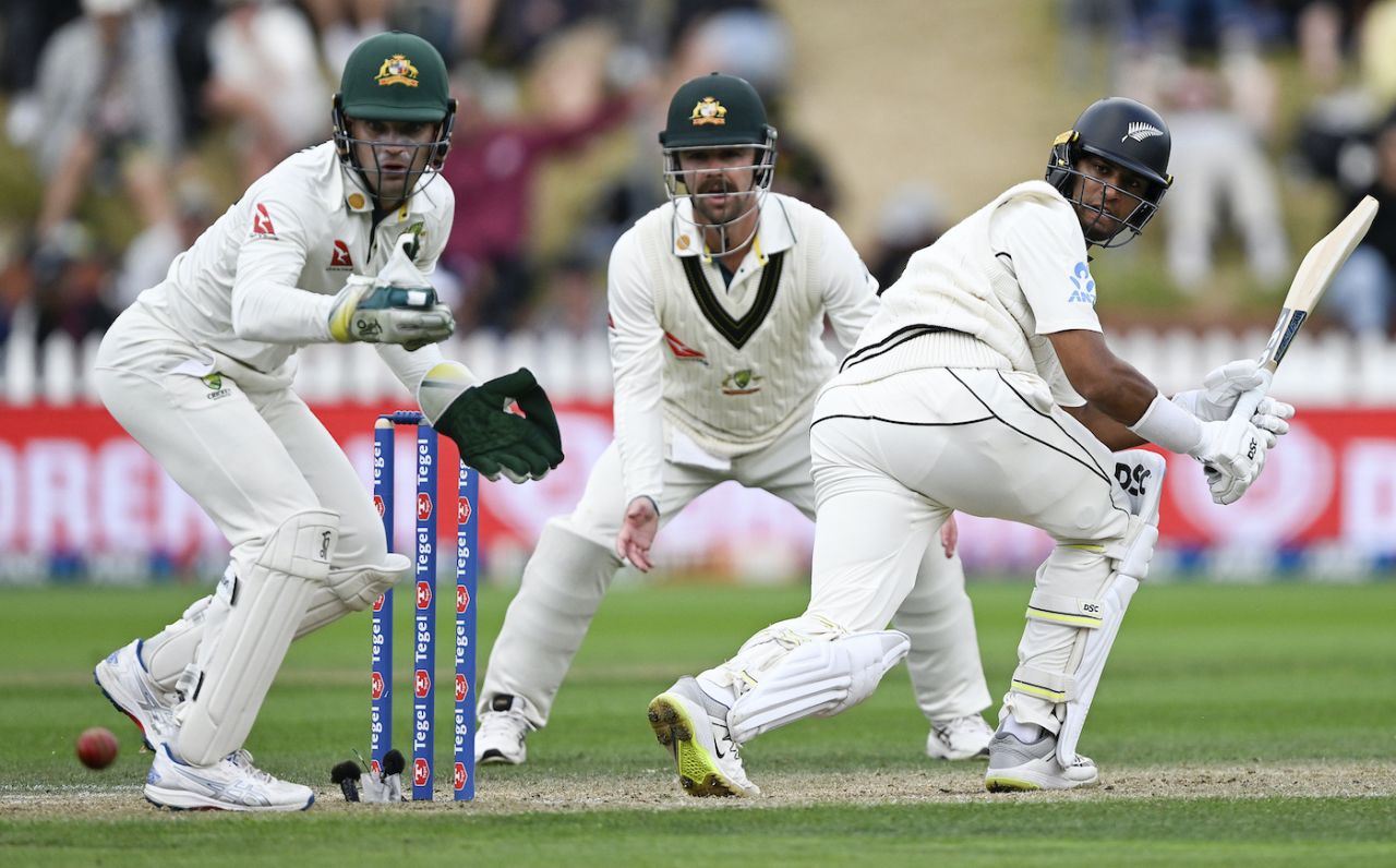 Rachin Ravindra nurdles the ball past Alex Carey, New Zealand vs Australia, 1st Test, Wellington, 4th day, March 3, 2024