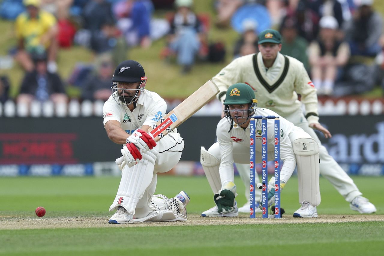 The reverse sweep was one of many things Daryl Mitchell tried, New Zealand vs Australia, 1st Test, Wellington, 4th day, March 3, 2024