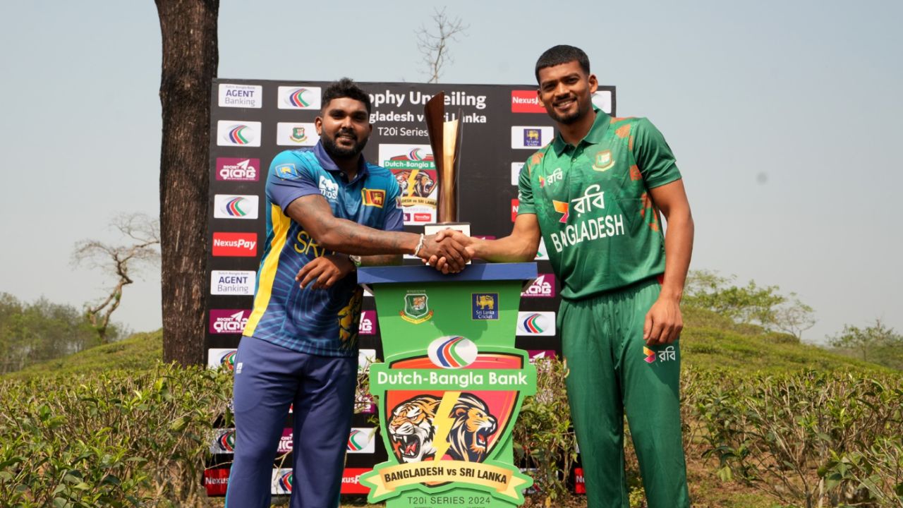 Wanindu Hasaranga and Najmul Hossain Shanto with the T20I series trophy ahead of the first game, Bangladesh vs Sri Lanka 2024, Sylhet, March 3, 2024
