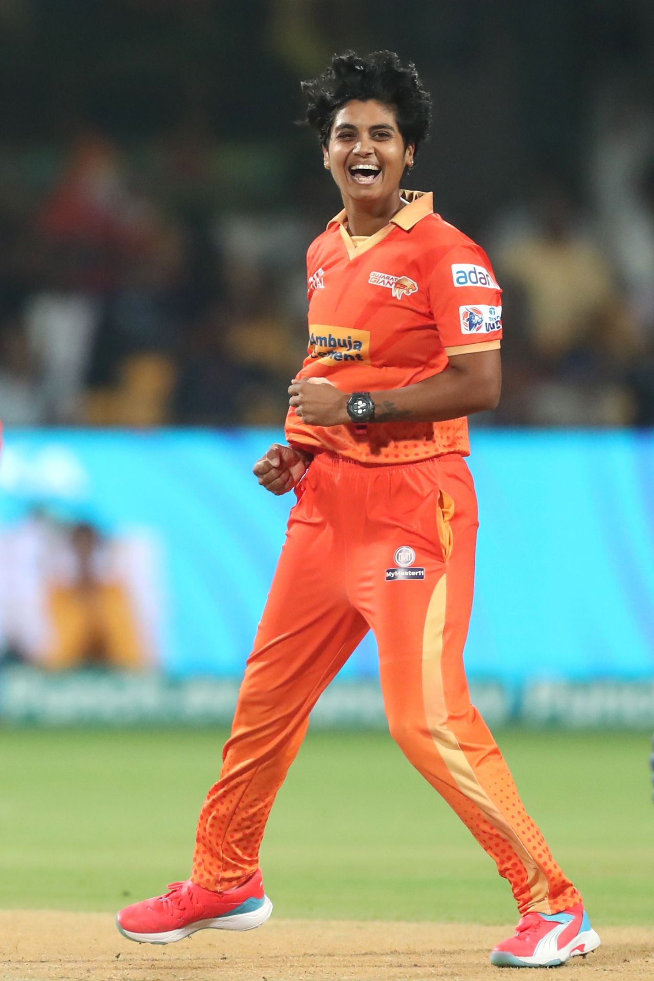 Meghna Singh is elated after dismissing Shafali Verma, Gujarat Giants vs Delhi Capitals, WPL 2024, Bengaluru, March 3, 2024