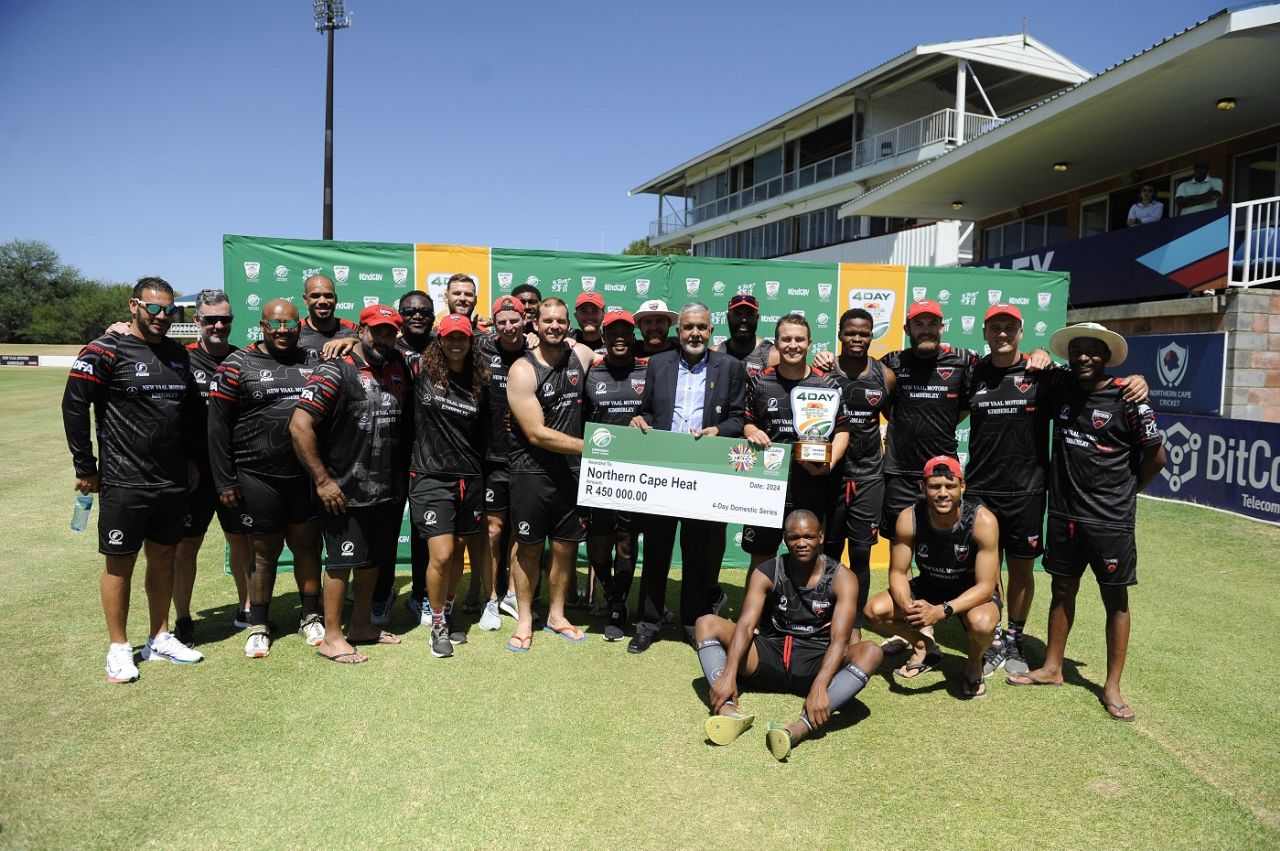 The victorious Northern Cape team pose with the CSA 4-Day Series Division 2 trophy,  Knights vs Northern Cape, CSA 4-Day Series Division 2, final, February 27, 2024