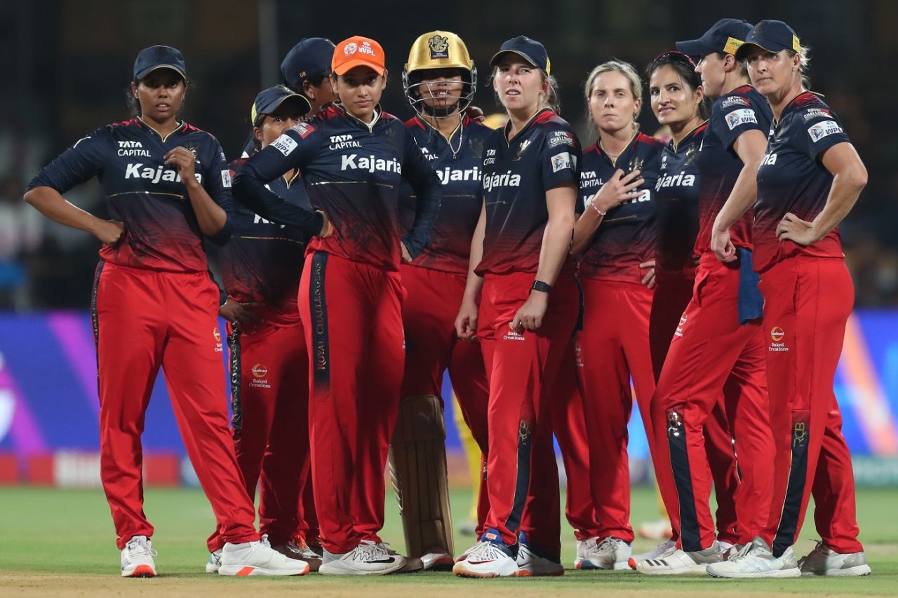 RCB players await the third umpire's decision for the stumping against Alyssa Healy, UP Warriorz vs Royal Challengers Bangalore, WPL 2024, Bengaluru, March 4, 2024