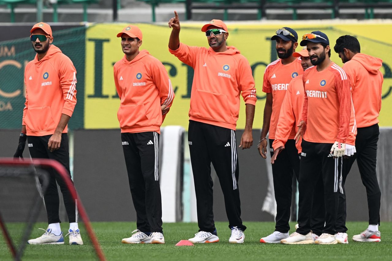Axar Patel, Shubman Gill, R Ashwin, Jasprit Bumrah, Sarfaraz Khan and Rajat Patidar in training, Dharamsala, March 5, 2024