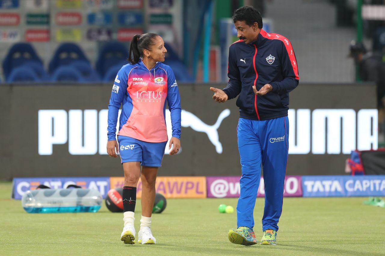 Mumbai bowler Shabnim Ismail and Capitals fielding coach Biju George chat before the game, Delhi Capitals vs Mumbai Indians, WPL 2024, Delhi, March 5, 2024