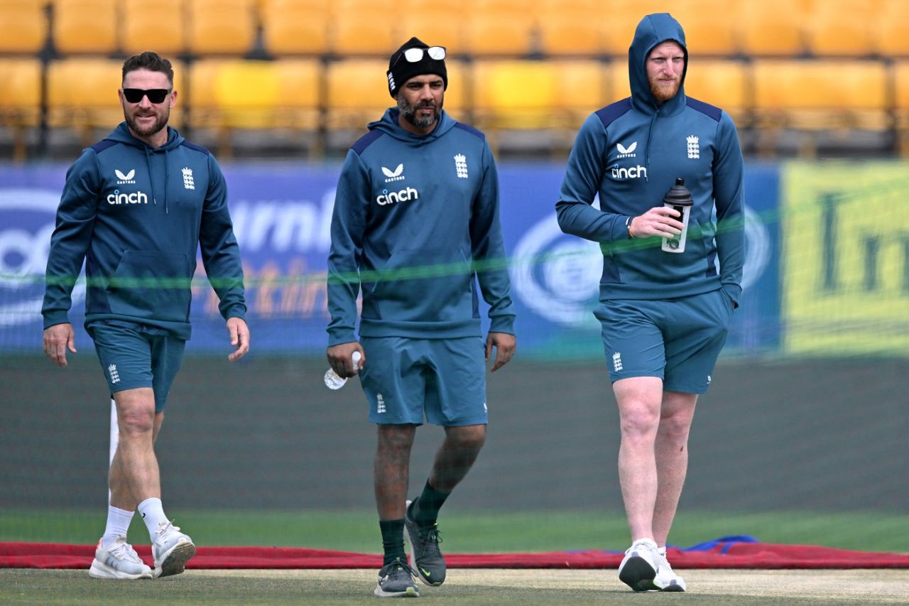 Brendon McCullum, Ben Stokes and Jeetan Patel at a training session, India vs England, Dharamsala, March 6, 2024