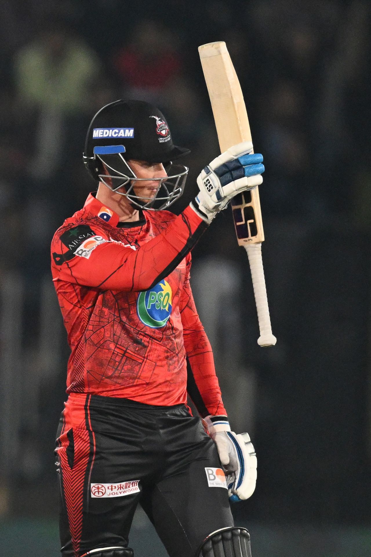 Rassie van der Dussen raises his bat after getting to a half-century, Lahore Qalandars vs Islamabad United, Pakistan Super League, Rawalpindi, March 6, 2024