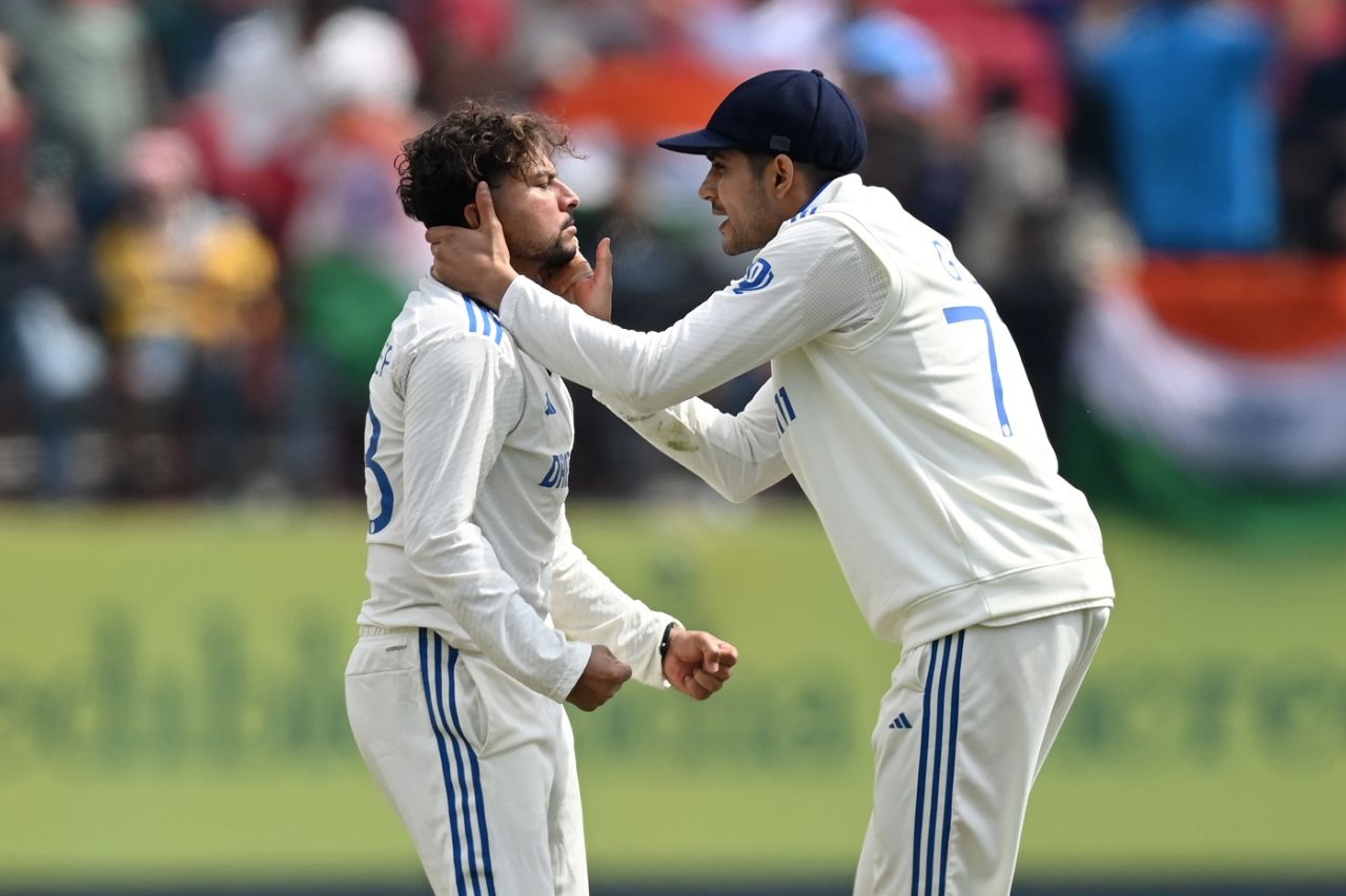 Shubman Gill pumps Kuldeep Yadav up after the latter removed Zak Crawley, India vs England, 5th Test, Dharamsala, 1st day, March 7, 2024